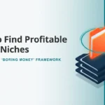 A digital illustration showing a stack of boring blue folders with one glowing orange folder floating above them, symbolizing how to find a profitable digital product niche using AI. Text on the left reads: "How To Find Profitable Digital Niches Using AI & The 'Boring Money' Framework."