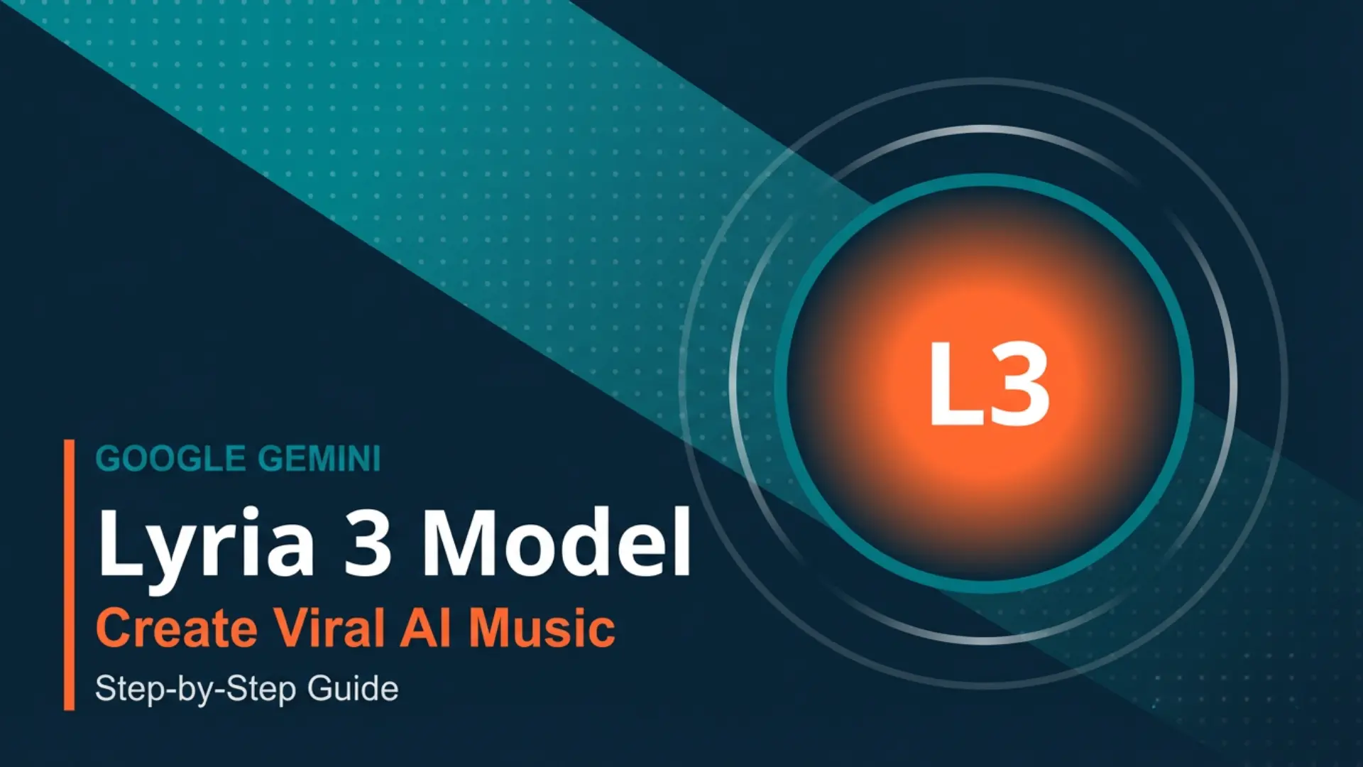 Featured image for the complete guide on using Google Gemini Lyria 3. Shows the L3 model icon with teal gradient background, orange accents, and step-by-step guide branding. Perfect for creators learning AI music generation.