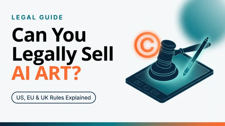 Featured image for Can You Legally Sell AI Art legal guide showing a gavel, copyright symbol, and digital stylus on a tablet for 2026 US, EU, UK rules.