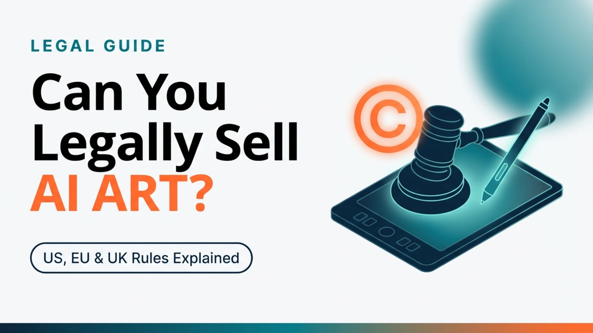 Featured image for Can You Legally Sell AI Art legal guide showing a gavel, copyright symbol, and digital stylus on a tablet for 2026 US, EU, UK rules.