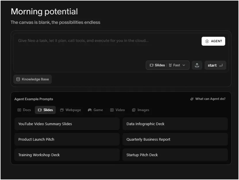 Top 10 AI Presentation Maker Platforms for Non-Designers 3 Flowith IO AI presentation maker platforms dashboard displaying agent task input field with slide creation options and example prompts for business presentations including quarterly reports and training workshop decks on dark interface background