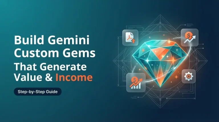 A digital illustration showing a glowing teal gemstone being constructed with wireframes, featuring icons for PDF files, income growth charts, and settings gears. Text reads "Build Gemini Custom Gems That Generate Value & Income