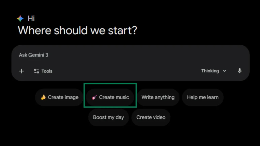 Screenshot of Google Gemini interface showing "Where should we start?" prompt with "Create music" button highlighted in green box alongside Create image, Write anything, and Help me learn options