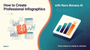 Professional infographic showing the transformation from chaotic data to clean visualization using Nano Banana AI, featuring the 4-phase creation workflow with teal and orange brand colors.