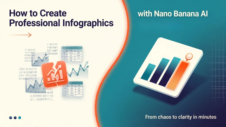 Professional infographic showing the transformation from chaotic data to clean visualization using Nano Banana AI, featuring the 4-phase creation workflow with teal and orange brand colors.