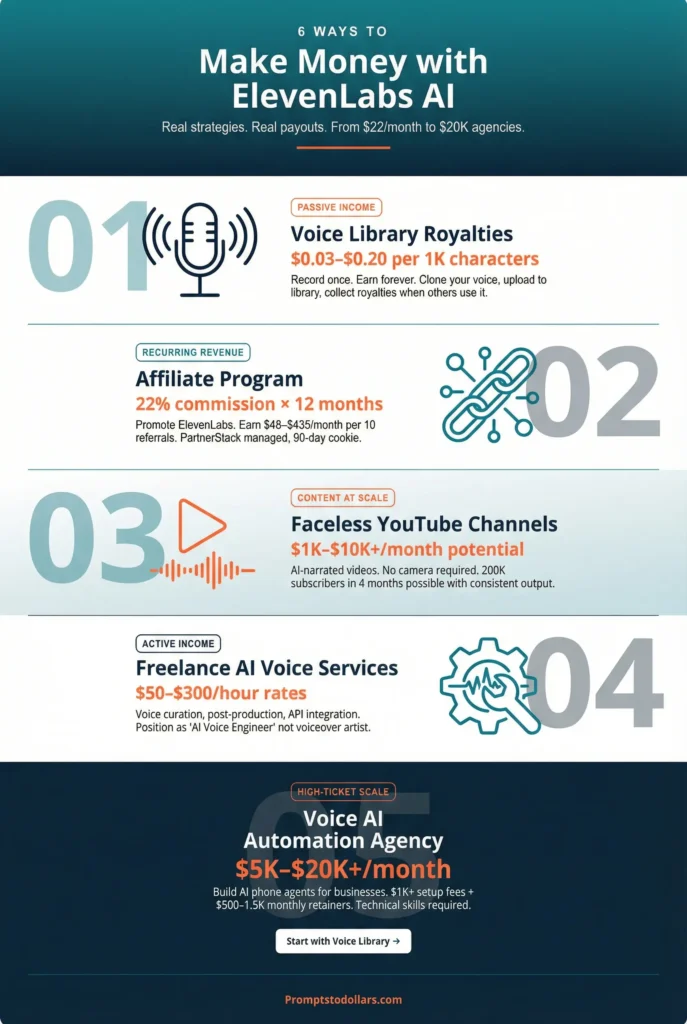 Ways to Make Money with ElevenLabs AI: 6 Proven Methods 2 Vertical infographic detailing 6 ways to make money with ElevenLabs AI. Methods include Voice Library royalties, 22% affiliate commissions, faceless YouTube channels, freelance AI voice services, audiobook publishing, and AI automation agencies. Features teal and dark blue color scheme with orange earnings highlights and method icons.