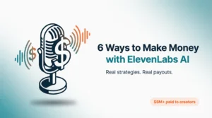 Featured image showing vintage microphone merged with dollar sign icon, representing ways to make money with ElevenLabs AI. Teal and orange gradient background with text "6 Ways to Make Money with ElevenLabs AI" and "$5M+ paid to creators" badge.