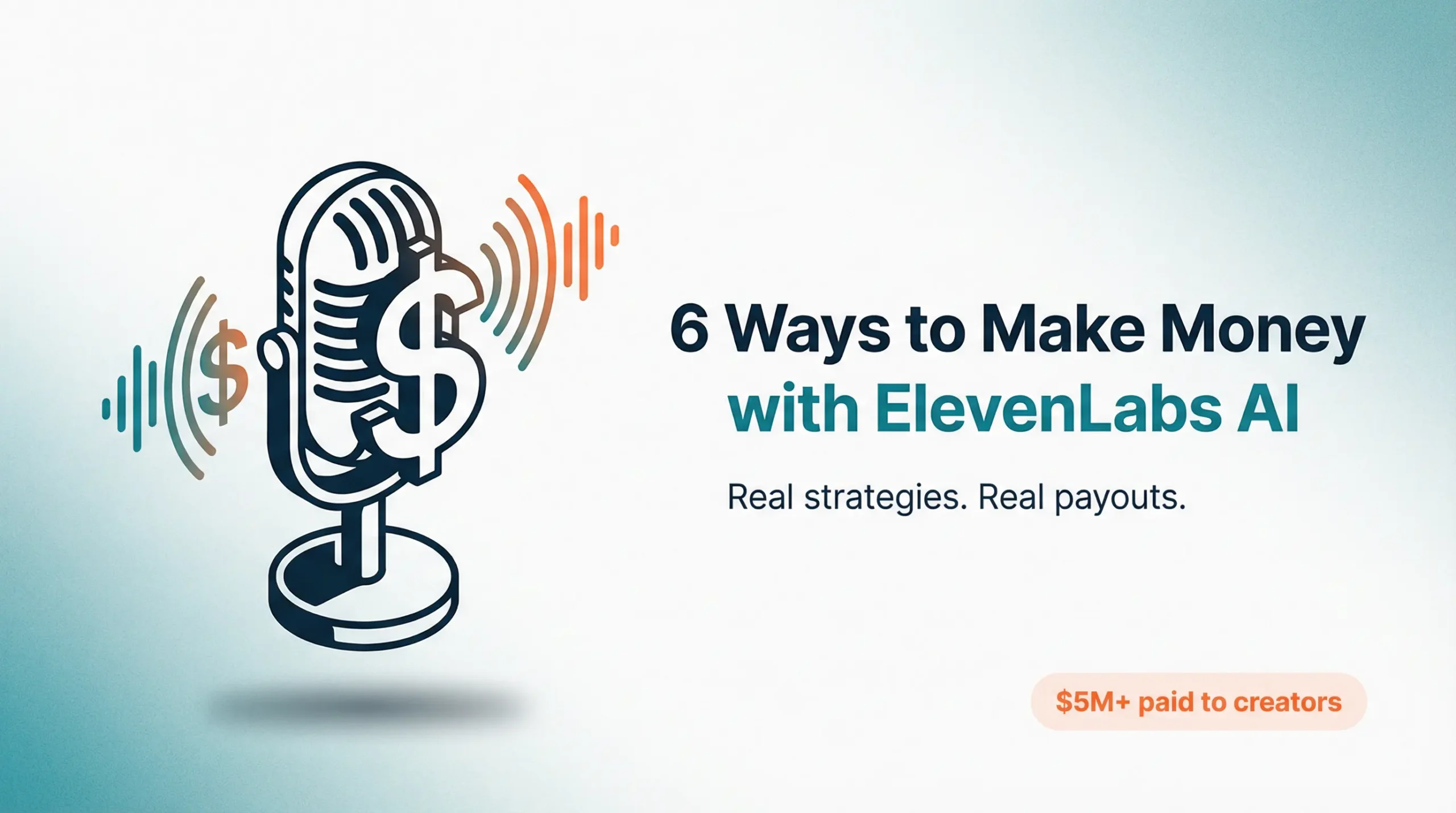 Featured image showing vintage microphone merged with dollar sign icon, representing ways to make money with ElevenLabs AI. Teal and orange gradient background with text "6 Ways to Make Money with ElevenLabs AI" and "$5M+ paid to creators" badge.