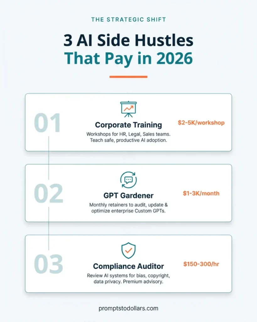 OpenAI Future AI Strategy: Future-Proof Your AI Side Hustles 2 Infographic titled "3 AI Side Hustles That Pay in 2026" showing three opportunities: Corporate Training, GPT Gardener, and Compliance Auditor with income potential