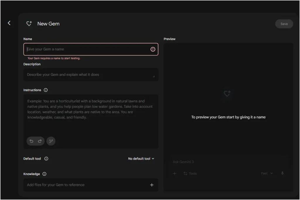 How to Build Google Gemini Custom Gems That Generate Value and Income 3 The initial setup screen for a new Gemini Gem, showing where users input the Gem's name and description before adding instructions.