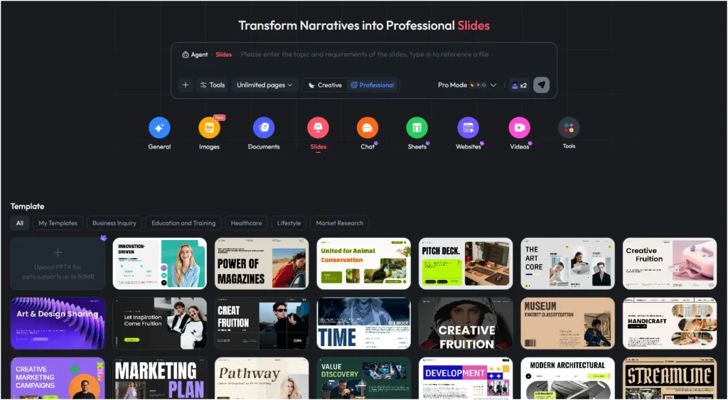 Top 10 AI Presentation Maker Platforms for Non-Designers 4 Skywork AI presentation maker platforms dark interface displaying transform narratives into professional slides header with agent input field, unlimited pages dropdown menu, creative and professional mode toggles, and template gallery showing pitch deck, marketing plan, and modern architectural presentation designs