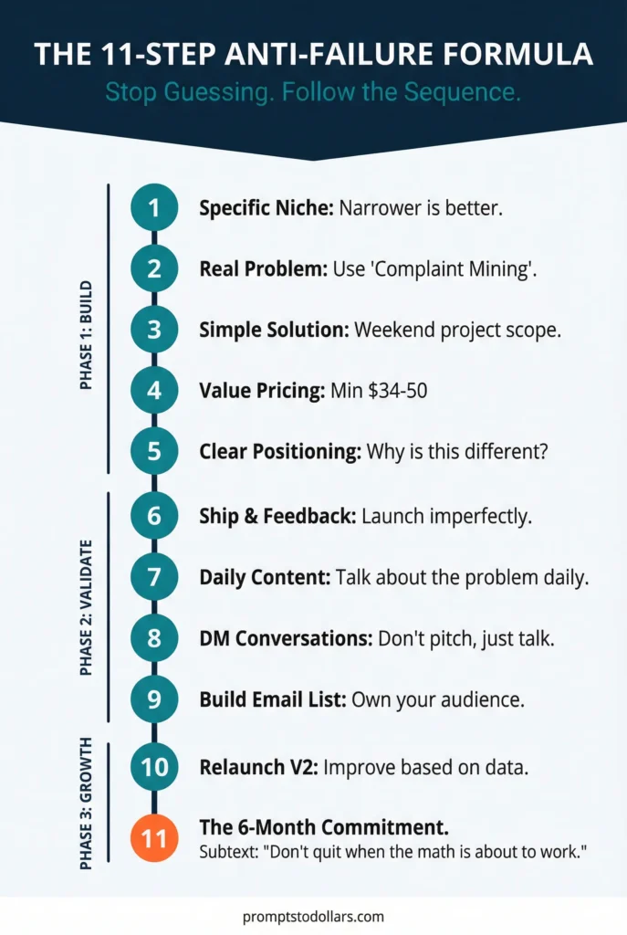 Vertical timeline graphic, on why most digital products fail, showing an 11-step anti-failure formula for digital products, moving from Phase 1 (Build) to Phase 2 (Validate) and Phase 3 (Growth).