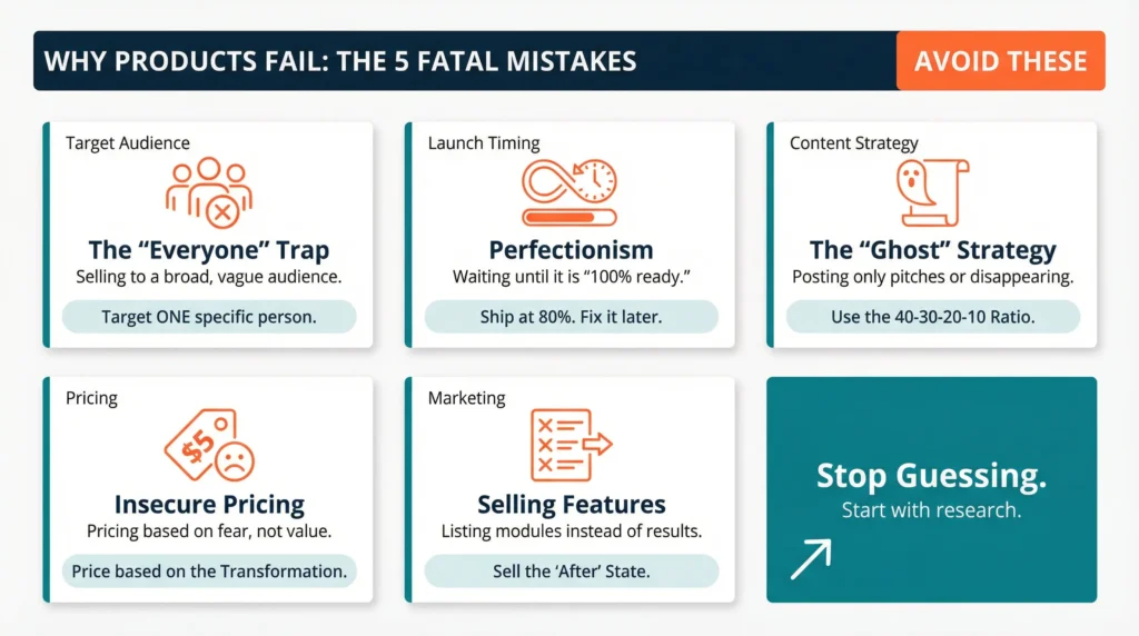 Infographic displaying 5 reasons why most digital products fail, including the "Everyone" trap, perfectionism, ghost strategy, insecure pricing, and selling features instead of results.