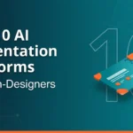 Flowith IO AI presentation maker platforms dashboard displaying agent task input field with slide creation options and example prompts for business presentations including quarterly reports and training workshop decks on dark interface background