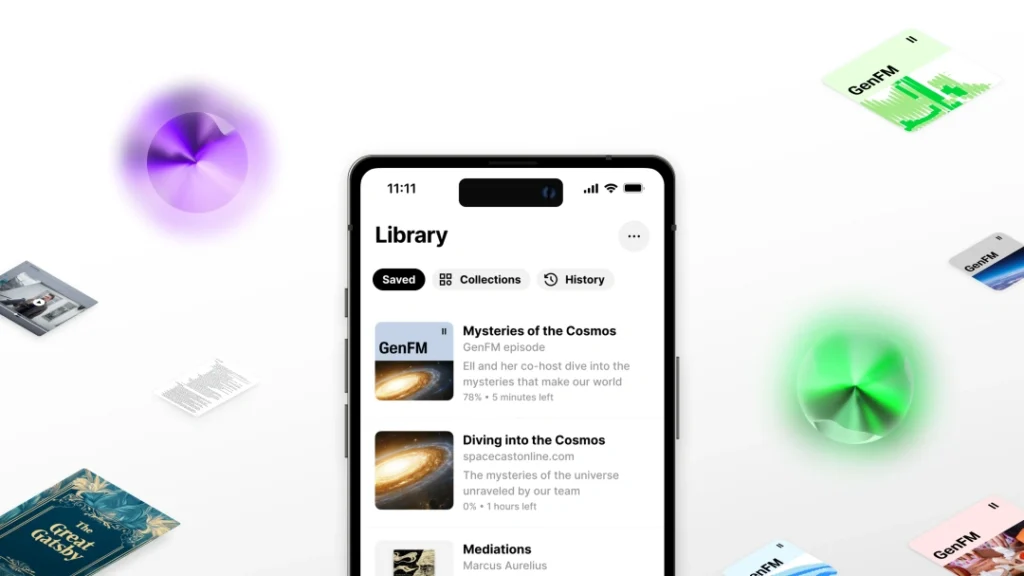Top 10 AI Podcast Generator Platforms to Transform Your Content 3 A mobile phone screen displaying the ElevenLabs GenFM library interface with saved episodes like "Mysteries of the Cosmos" surrounded by floating content cards.