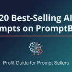 Featured image showing 20 bestselling AI prompts on PromptBase with brain and shopping cart icon, teal gradient background, and profit guide subtitle for prompt sellers