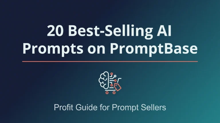 Featured image showing 20 bestselling AI prompts on PromptBase with brain and shopping cart icon, teal gradient background, and profit guide subtitle for prompt sellers