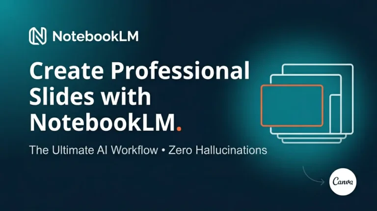 Create Professional Slides with NotebookLM - The Ultimate AI Workflow featuring zero hallucinations, with NotebookLM and Canva logos on a teal gradient background with slide deck iconography
