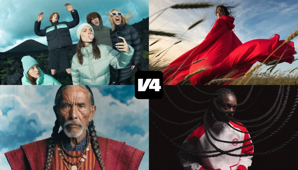 Why Recraft V4 Doesn't Look AI-Generated (And Why That Matters for Brands) 2 Recraft V4 editorial fashion collage showing 4 art-directed lifestyle photographs including outdoor adventure wear, flowing red fabric portrait, cultural portrait, and conceptual studio image with V4 badge