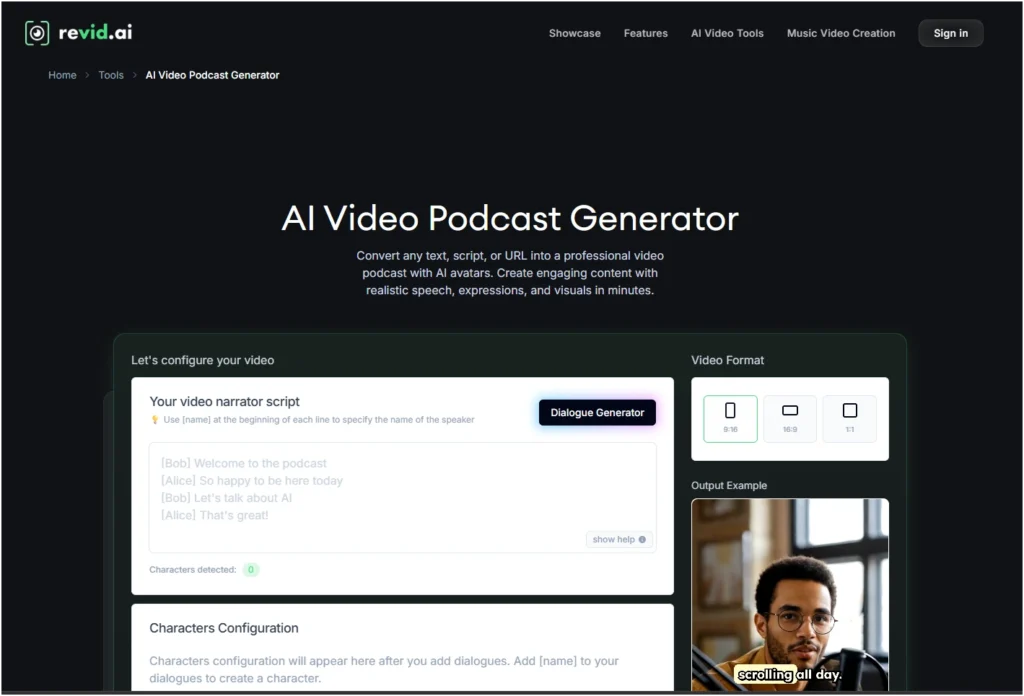 Top 10 AI Podcast Generator Platforms to Transform Your Content 4 A screenshot of the Revid AI website dashboard showing the "AI Video Podcast Generator" script configuration box and a preview of an AI avatar speaker.
