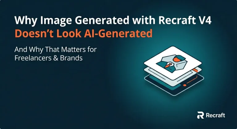 Recraft V4 featured graphic with headline "Why Image Generated with Recraft V4 Doesn't Look AI-Generated" with isometric layered design illustration and Recraft logo