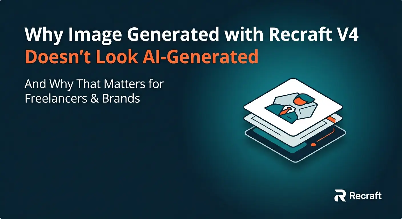 Recraft V4 featured graphic with headline "Why Image Generated with Recraft V4 Doesn't Look AI-Generated" with isometric layered design illustration and Recraft logo