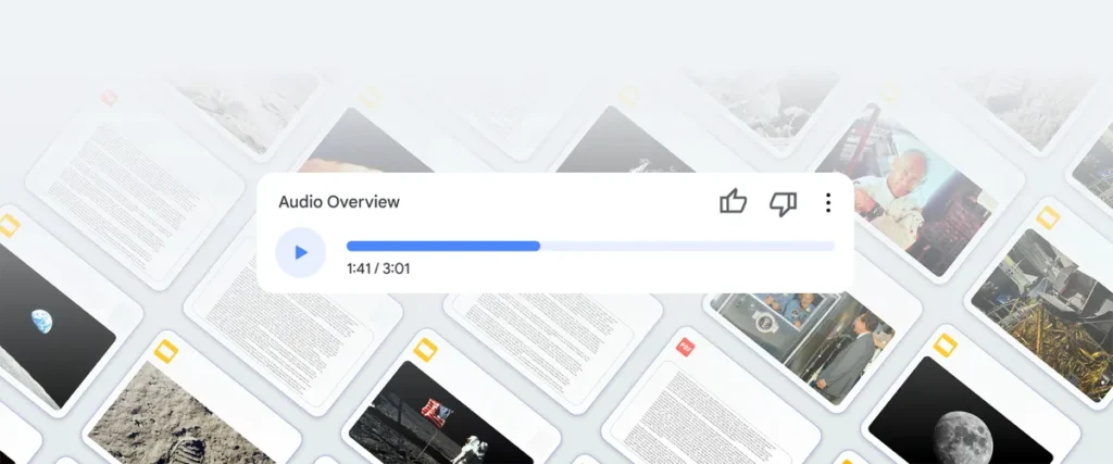 Top 10 AI Podcast Generator Platforms to Transform Your Content 2 The Google NotebookLM interface showing an "Audio Overview" player bar overlaid on a background grid of various uploaded documents and images.