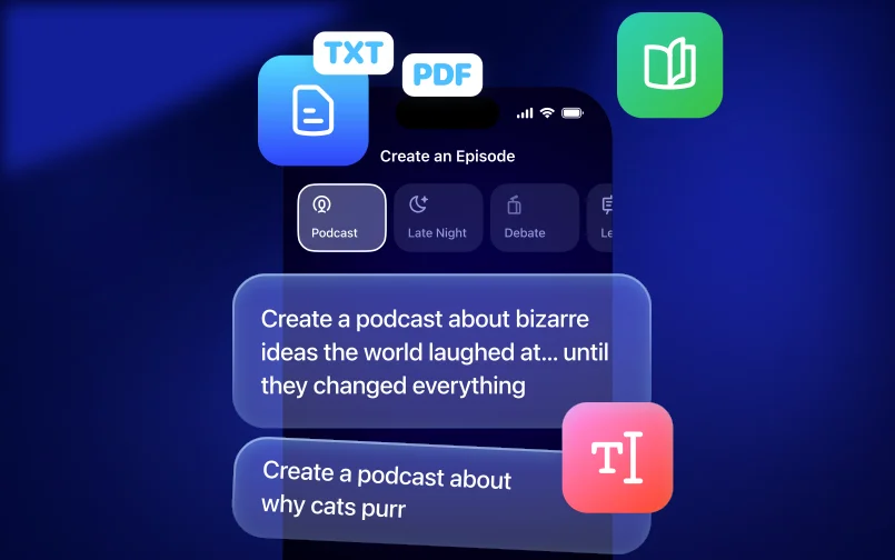 Top 10 AI Podcast Generator Platforms to Transform Your Content 5 The Speechify mobile app interface displaying "Create an Episode" options with format choices like "Late Night" and "Debate" against a blue background.