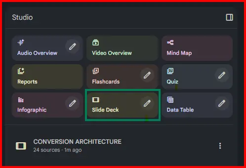NotebookLM Studio interface showing Slide Deck option highlighted in green box among various AI output tools including Audio Overview, Video Overview, Mind Map, Reports, Flashcards, Quiz, Infographic, and Data Table