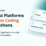 Featured image for vibe coding hackathons showing platform cards for Devpost, Contra, Hackathons.space, and lablab.ai