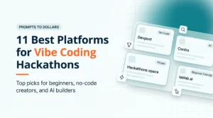 Featured image for vibe coding hackathons showing platform cards for Devpost, Contra, Hackathons.space, and lablab.ai